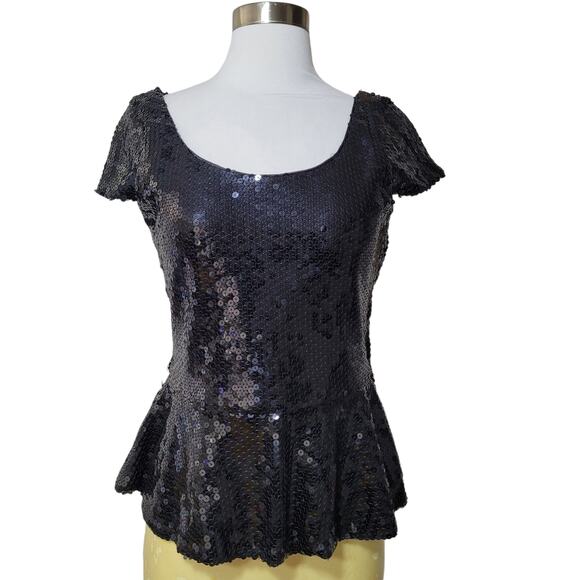 JS Boutique Women's Black Sequin Peplum Blouse Top Sequin Cap Sleeves Small - Picture 1 of 9
